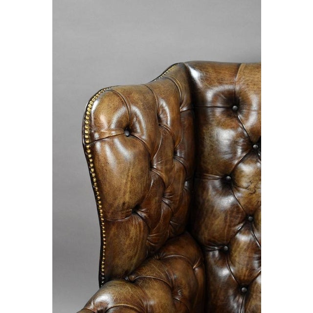 Antique Hand-Dyed Leather Wing Back Armchair, 1920 For Sale - Image 4 of 10