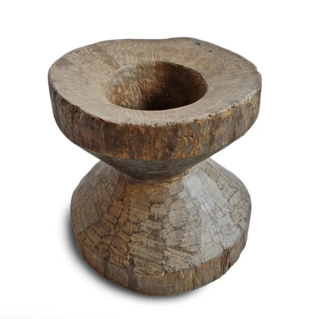 Authentic old wood pestle grinder pot with tapered center hole. Sturdy heavy piece with rich patina and signs of age and...