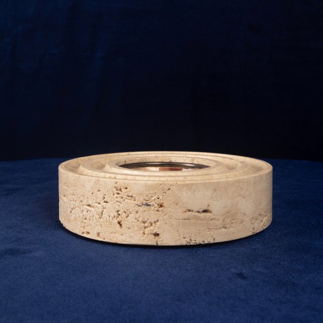 Italian Round Travertine and Copper-Toned Metal Ashtray, 1970 For Sale - Image 9 of 18