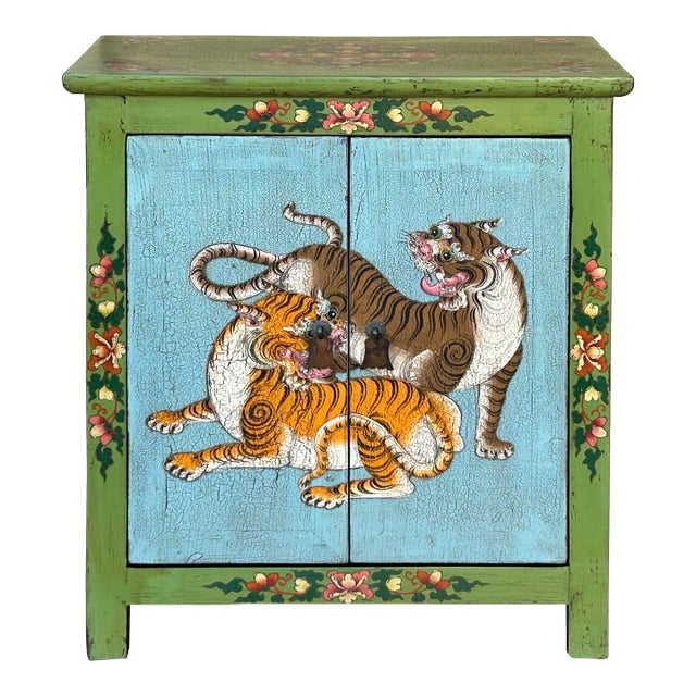 Tibetan Style Lime Green Blue Two Tigers End Table Nightstand For Sale