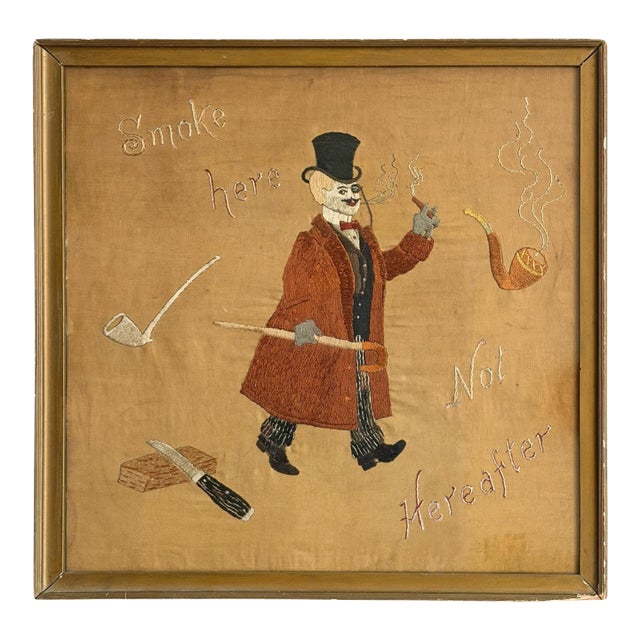 'Smoke Here, Not Hereafter, ' a 19th Century English Embroidered Textile For Sale