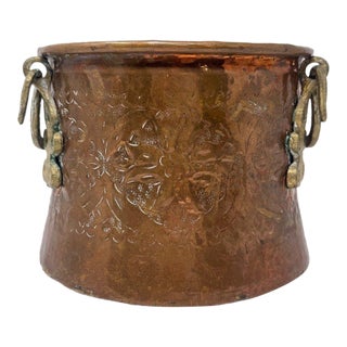 Antique Embossed Copper Cachepot Jardinière With Brass Serpent Handles For Sale