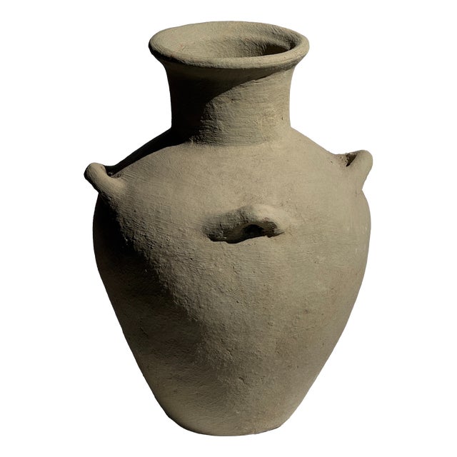 Indonesian Light Grey-Beige Terracotta Vase with 4 Small Handles and a Tall Neck For Sale