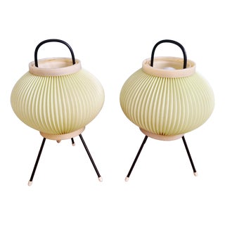 Tripod Lamps in Pale Green Pleated Celluloid, 1960s, Set of 2 For Sale