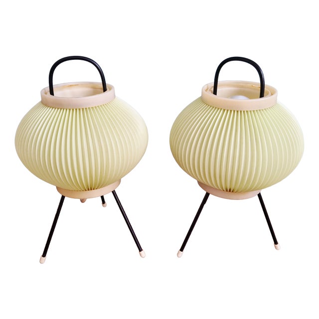 Tripod Lamps in Pale Green Pleated Celluloid, 1960s, Set of 2 For Sale