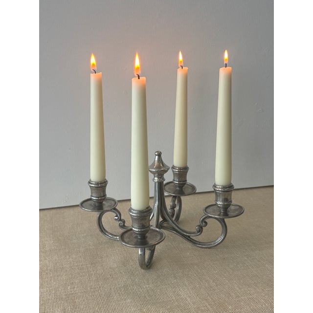 Vintage 1970s, 4-light, hand crafted pewter Candelabra by La Bottega del Peltro. This low candelabra in traditional...