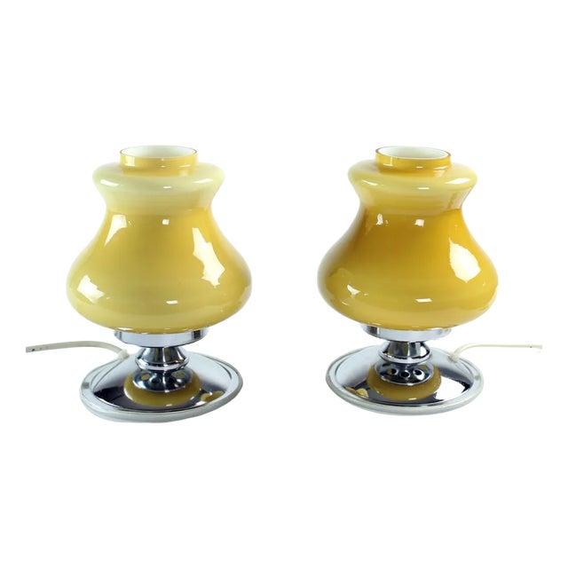 Table Lamps in Cream Opaline & Chrome, Bulgaria, 1960s, Set of 2 For Sale