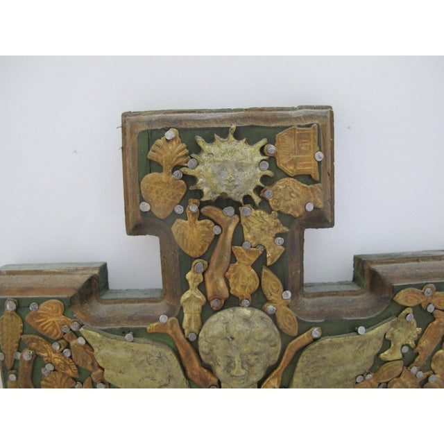 Wood Milagros Mexico Folk Art Nailed Charms Guardian Angel Cherub Cross For Sale - Image 7 of 11