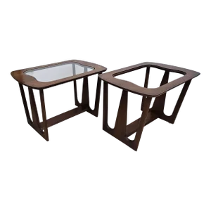 Bassett Industries Mid-Century Walnut and Glass Inset Side Tables, a Pair