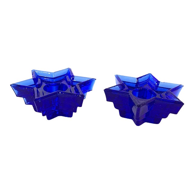 VTG Cobalt Blue 6‑Point Star Glass Candle Holders Pressed Glass Pair 1970s-1990s For Sale
