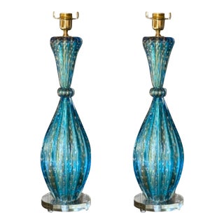 Pair of Bespoke Modern Murano Blue Lamps For Sale