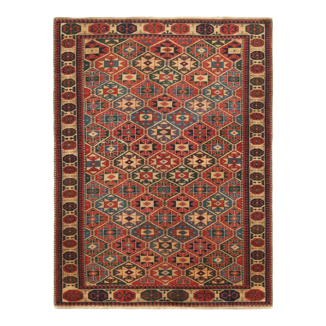Antique Turkish Kazak Rug With Blue and Red Geometric Patterns - Rug & Kilim For Sale
