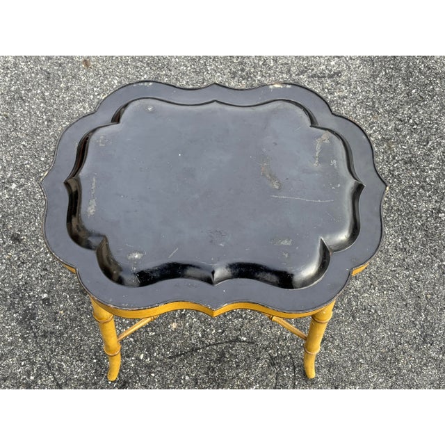 Mid 20th C. Hand Painted Mustard Yellow Tole Serving Tray on Fitted Faux Bamboo X Base Stand For Sale - Image 9 of 11
