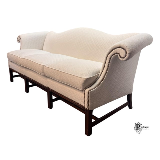 Vintage Chippendale Style Mahogany Frame Camel Back Ivory Geometric Print Upholstered Sofa For Sale In Greensboro - Image 6 of 9