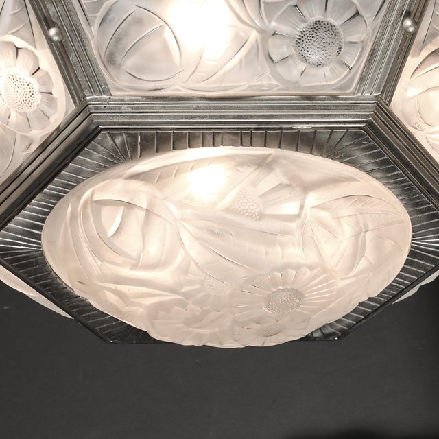 Pair of Art Deco Hexagonal Frosted Glass & Nickeled Bronze Chandeliers by Degue For Sale - Image 17 of 18