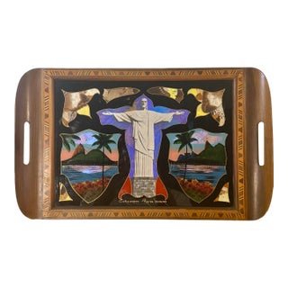 Antique Brazilian Butterfly Wing Tray, Christ the Redeemer, Rio De Janeiro For Sale