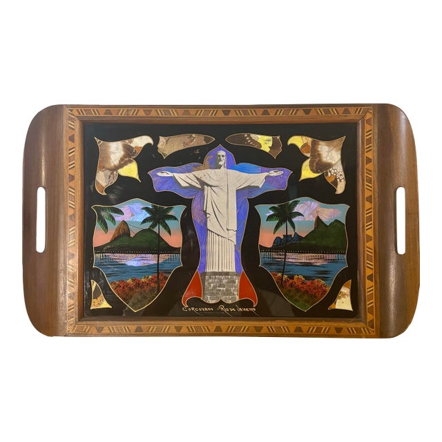 Antique Brazilian Butterfly Wing Tray, Christ the Redeemer, Rio De Janeiro For Sale