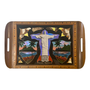 Antique Brazilian Butterfly Wing Tray, Christ the Redeemer, Rio De Janeiro
