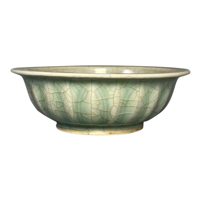 Longquan Celadon Lobed‑Form Bowl With Double‑Fish Relief and Crackle Glaze For Sale