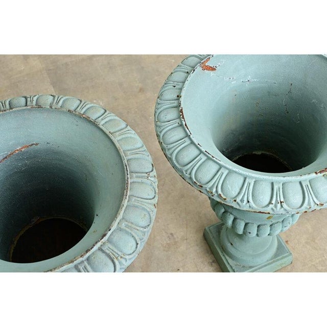 Verdigris French Pair of 19th Century Cast Iron Planter Urns For Sale - Image 8 of 9