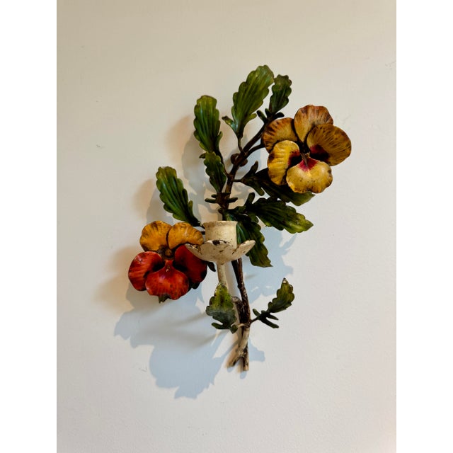 Rustic Midcentury Italian S. Salvadori Hand Painted Tole Candle Sconce With Pansy Motif For Sale - Image 3 of 10
