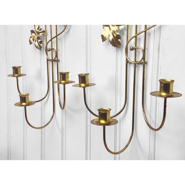 Metal Mid-Century Golden Foliage Wall Hanging Candle Sconces - a Pair For Sale - Image 7 of 8