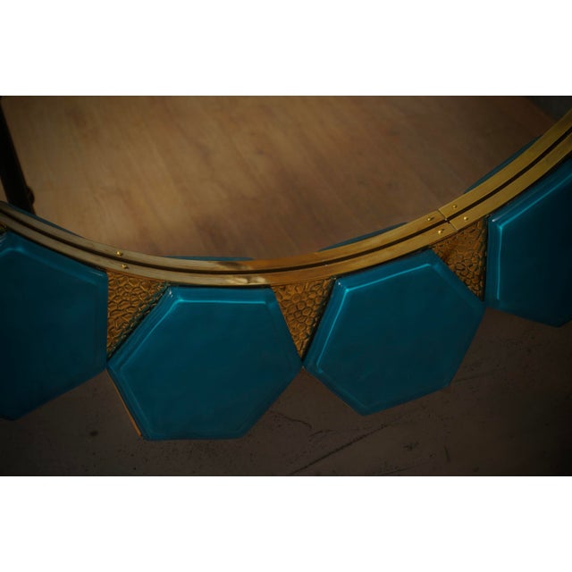 2000 - 2009 Art Deco Wall Mirror in Murano Blue Glass and Brass, 2000 For Sale - Image 5 of 11