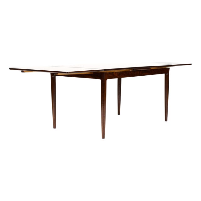 1960s Danish Modern Mid Century Rosewood Dining Table — Rectangular Draw Leaf — Attributed to Axel Christiansen for Aco Mobler For Sale