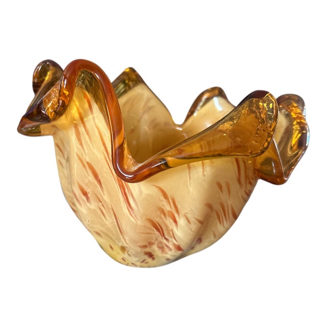 1960s Italy Murano Hand Blown Amber Swirled Bowl For Sale
