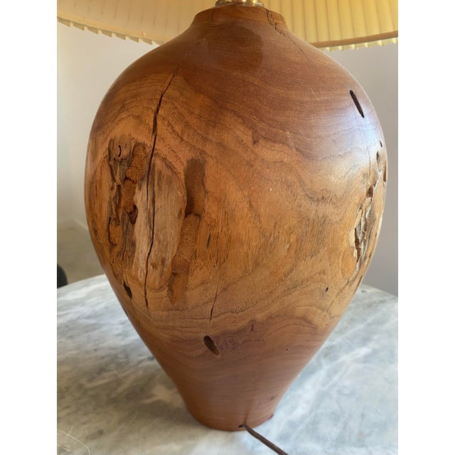 Carved Turned Wood Log Artisan Rustic Lamp + Pleated Shade For Sale - Image 18 of 18