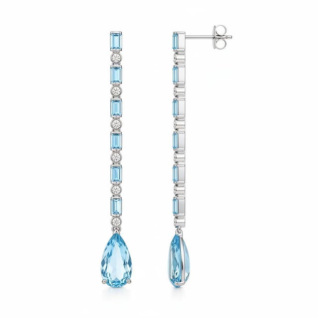 Metal Topaz Long Drop Earrings, Silver, Gold, Pair For Sale - Image 7 of 7