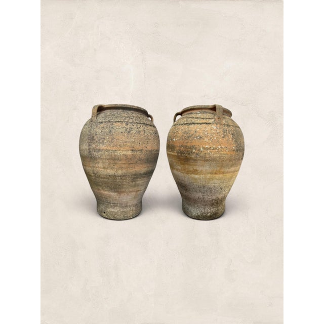 Late 19th Century X Large (32" H) Pair of Antique Greek Terracotta Olive Jars With Weathered Patina For Sale - Image 4 of 14