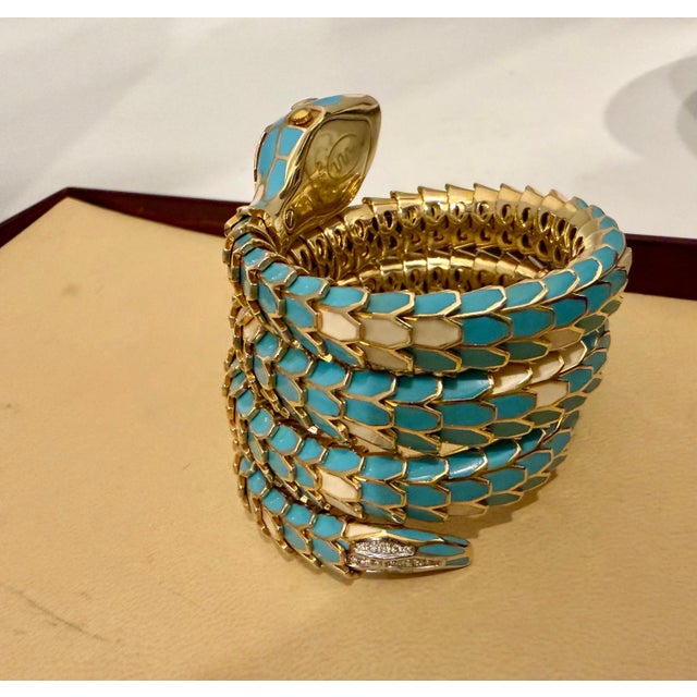SNAKE COLLECTION , Turquoise & White SNAKE BRACELET , Diamonds, 18K & Sterling For Sale - Image 9 of 18