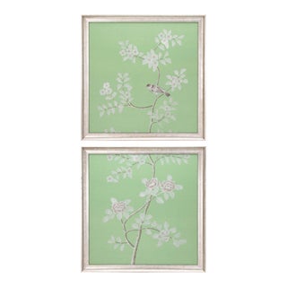 Framed Silk Panel Diptych Painting on Celedon Silk For Sale