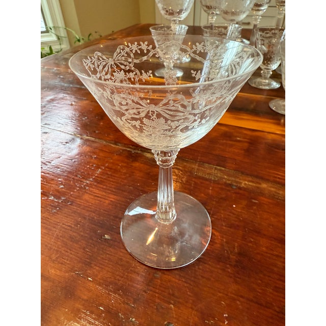12-Piece Set of Vintage Fostoria Romance Pattern Etched Crystal Glassware With Flowers and Ribbon Designs For Sale - Image 11 of 14