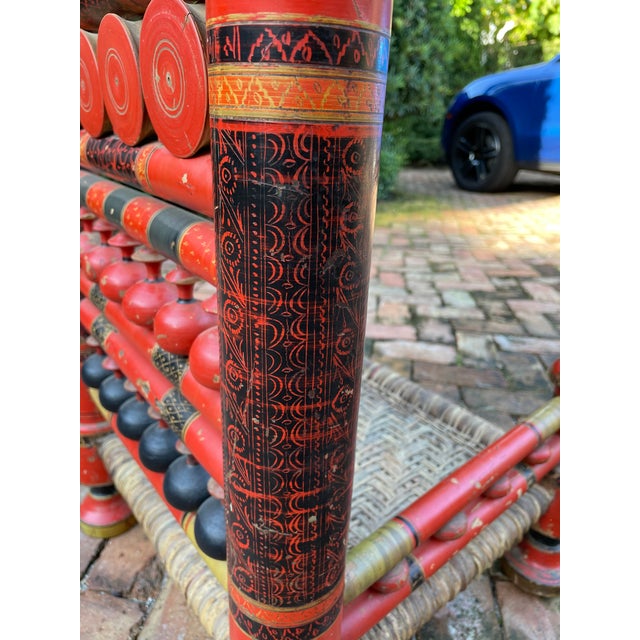 Antique 1900s Indian Punjabi Red Black and Tan Hand Carved and Hand Painted Wood and Cane