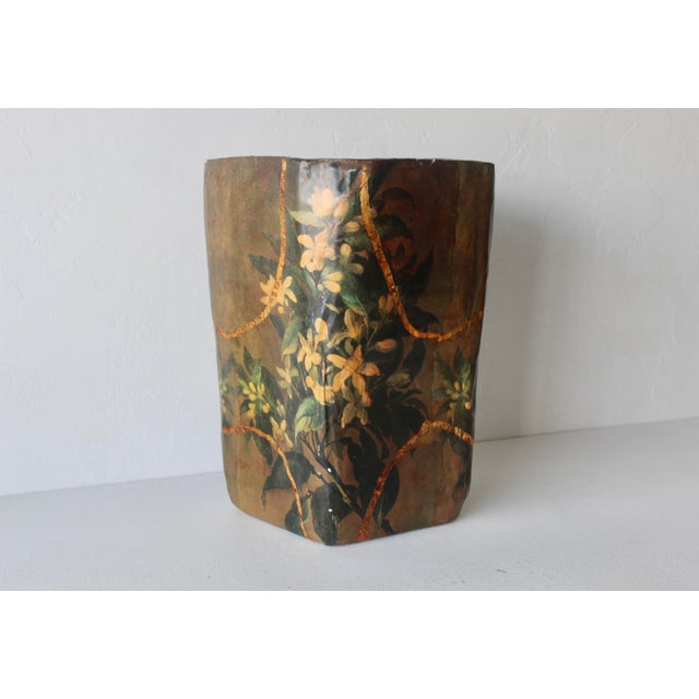 Paper R Pulvermacher Art Nouveau Paper Mache Floral Wrapped Wastebasket Vintage For Sale - Image 7 of 18