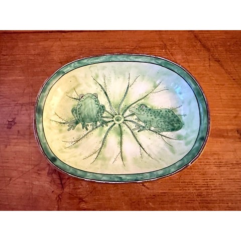 Vintage Kelvin Chen Enamel Frog Themed Soap Dish . . . two charming spotted frogs are resting on a lily pad wondering who...