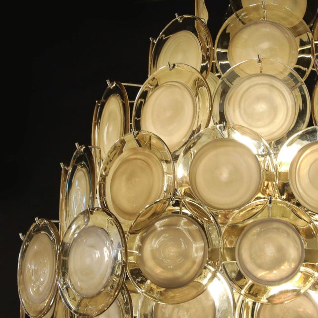 Modernist 10-Tier Handblown Topaz Murano Glass Disc Chandelier W/ Brass Fittings For Sale - Image 11 of 17
