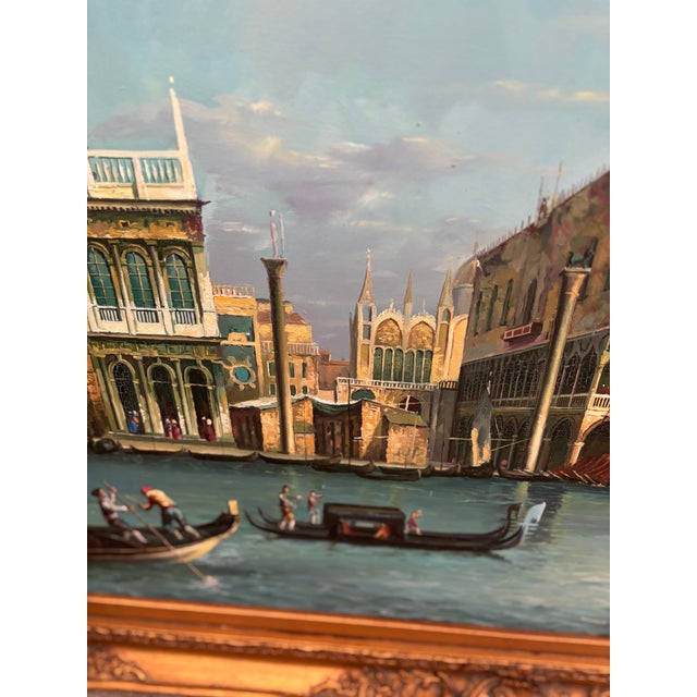 Italian Mid 20th Century Original Oil on Canvas Painting of Venice With Stunning Carved and Gilded Wood Frame by De Taro For Sale - Image 3 of 8