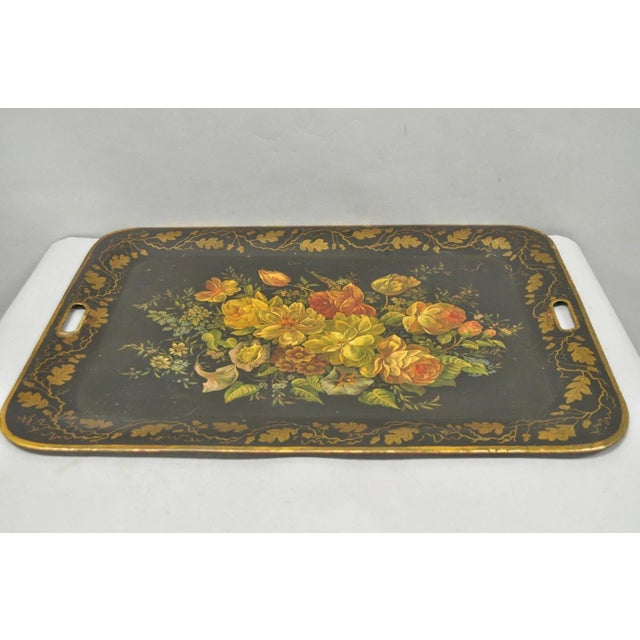 French Country Antique French Country Tole Metal Hand Painted Floral Large Serving Platter Tray For Sale - Image 3 of 15