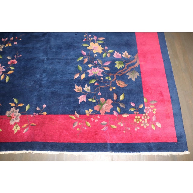 Antique Zabihi Collection Bright Navy Pink Chinese Art Deco Carpet - 8'10" x 11'7" For Sale - Image 9 of 9