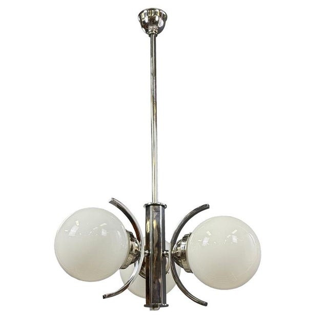 1930s Art Deco Chrome Pendant Light with Opaline Glass Shades, 1930s For Sale - Image 5 of 5