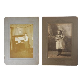 Antique Vintage Child Musicians Violin & Brass Horn Photographs - a Pair For Sale