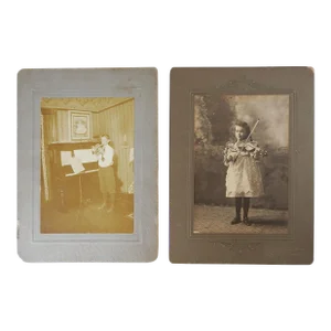 Antique Vintage Child Musicians Violin & Brass Horn Photographs - a Pair