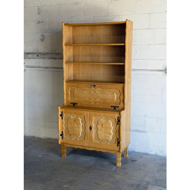 Danish Oak Hutch Display Cabinet With Drop-Front Secretary Desk Mid-Century Modern 1970s For Sale - Image 9 of 12