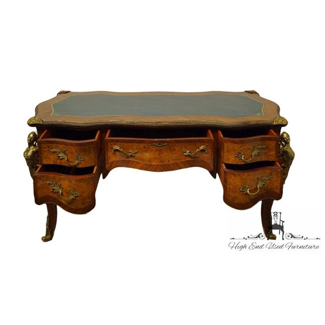 Vintage French Provincial Louis XV Burled Walnut & Kingwood Bureau Plat / Executive Desk W. Tooled Leather Top & Gilt Figural Mounts For Sale - Image 9 of 11
