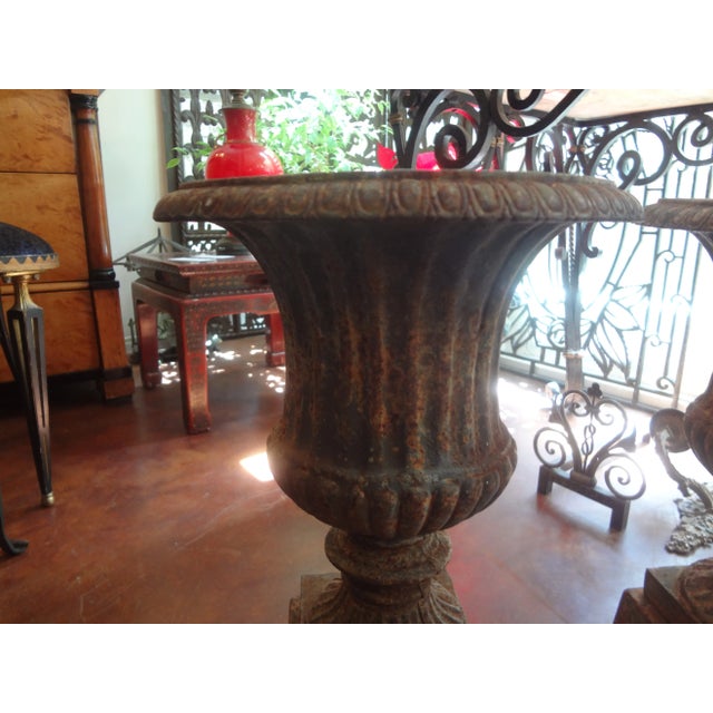 French Pair of 19th Century French Neoclassical Style Iron Urns on Plinths For Sale - Image 3 of 8