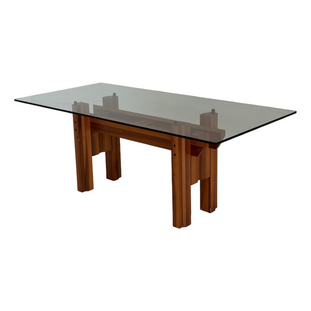 Wooden Dining Table with Glass Top, 1970s For Sale