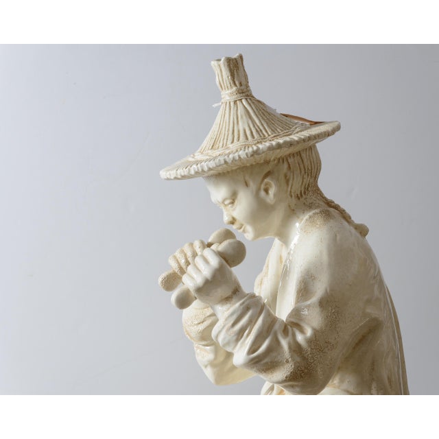 Off-white Italian Glazed Terracotta Chinoiserie Monumental Figures on Pedestals For Sale - Image 8 of 16